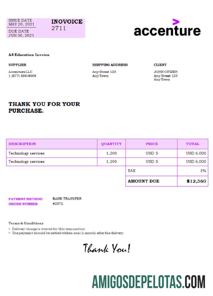 Fatura Accenture dos EUA exemplo